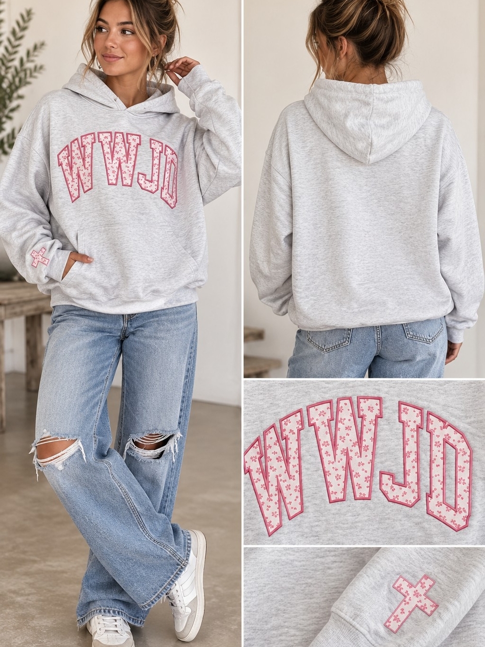 WWJD Grey Hoodie with Pink Embroidered Lettering - Women's Casual Pullover